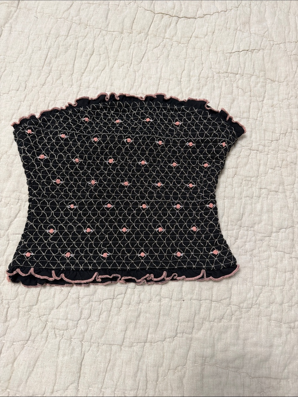 Free People Black Smocked Bandeau with Pink Trim
